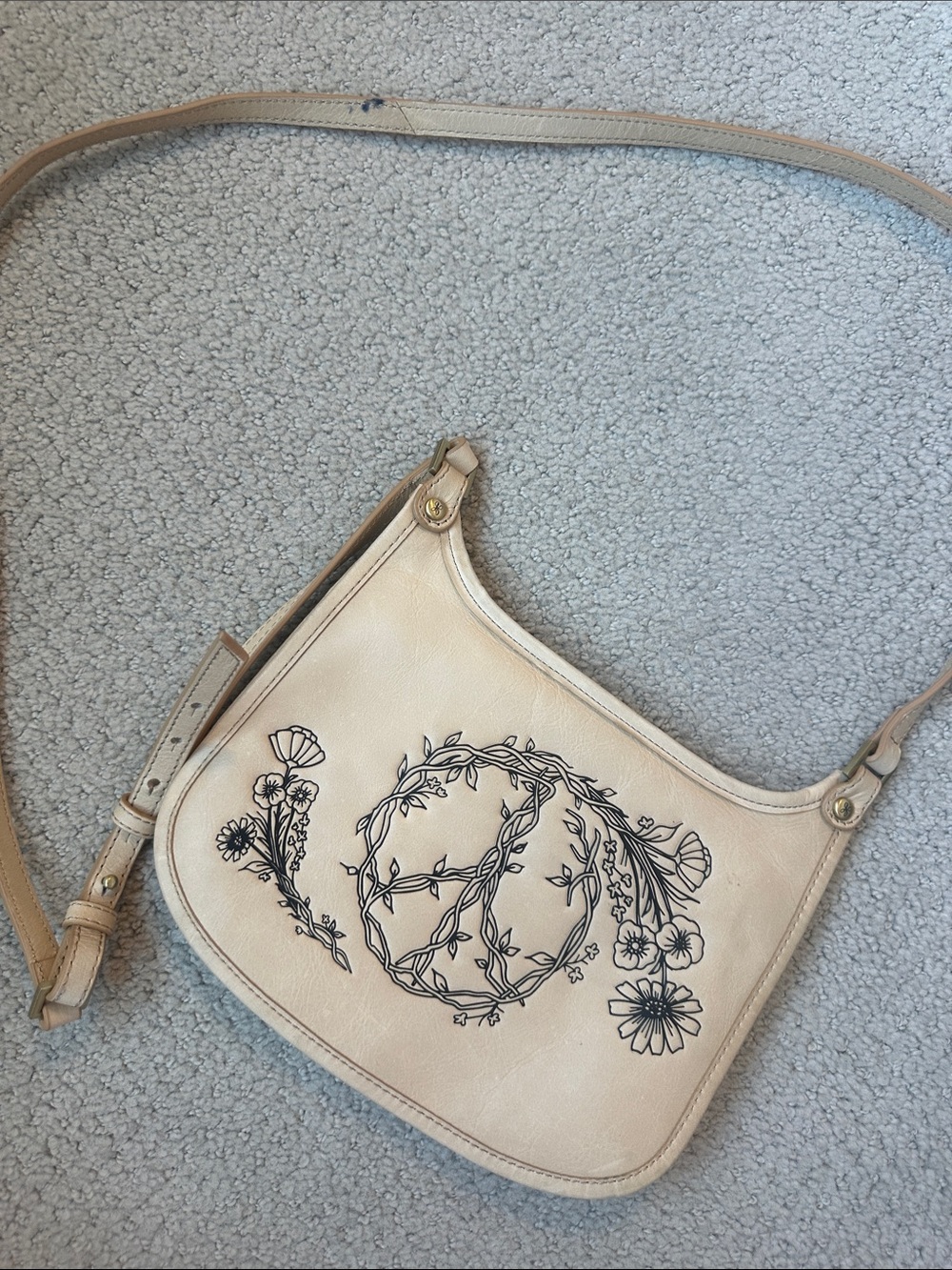 Cream Floral Peace Sign Cross-Body Leather Bag